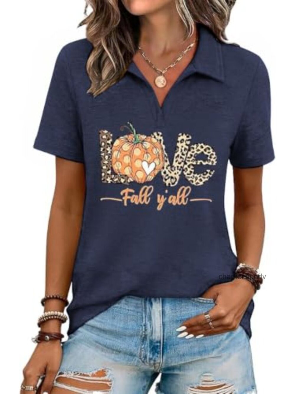 Women's Halloween Henley V-Neck Blouse Button Placket Short Sleeve